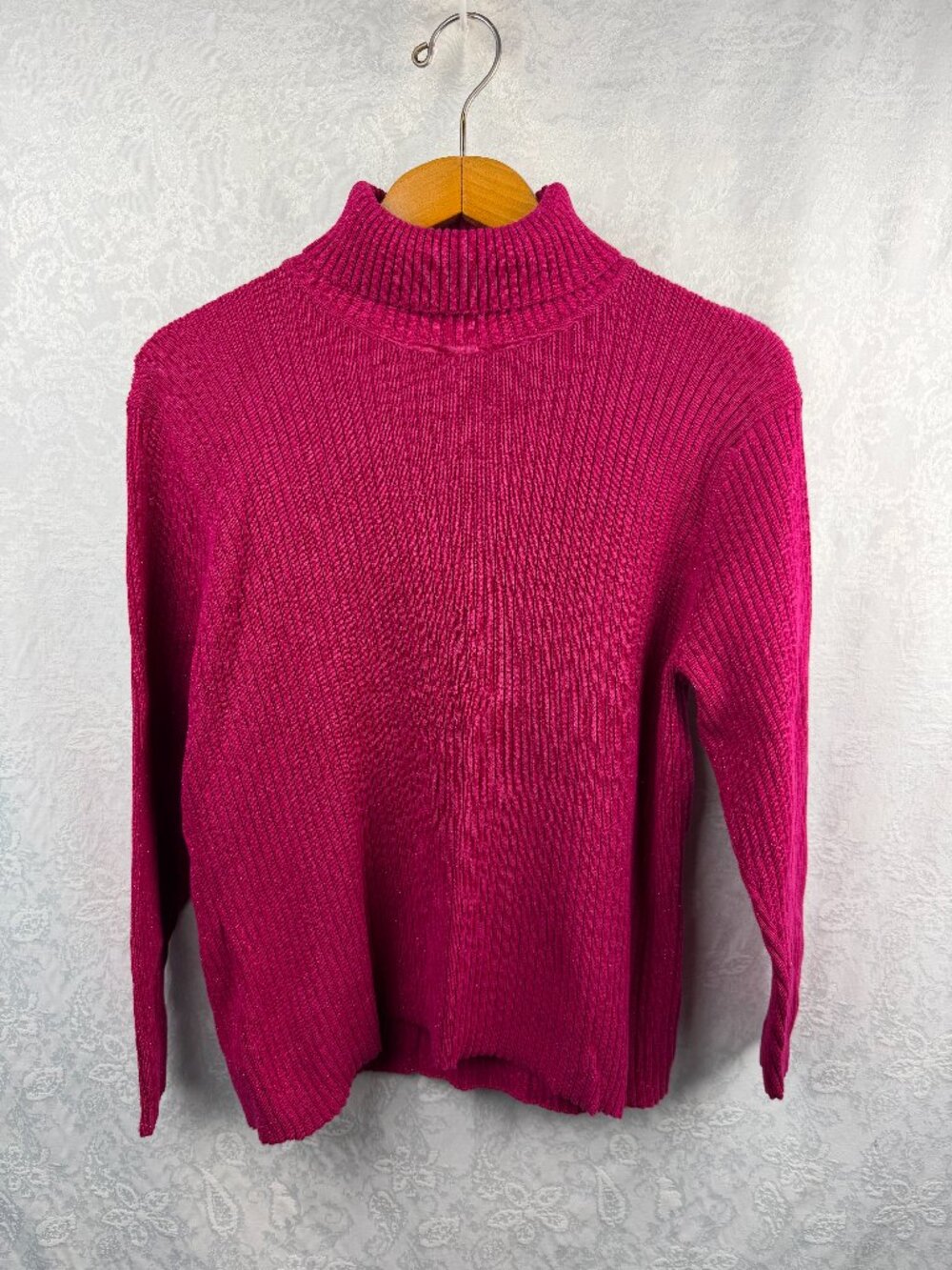 Context 2X Magenta Pink Ribbed Turtleneck Sweater Metallic Long Sleeve Pullover